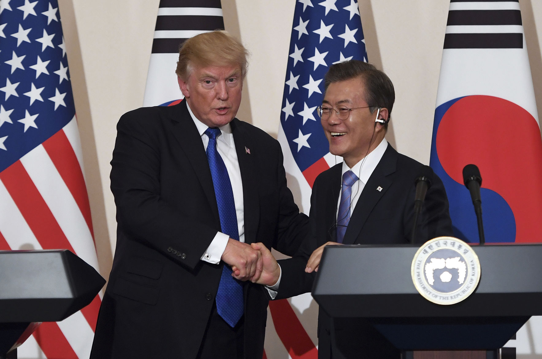 At a joint news conference in Seoul with South Korean President Moon Jae-in, Nov. 7: